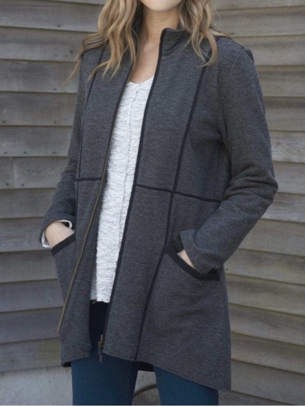 Habitat Shaped Felt Car Coat Zip Up Longline Jacket in Gray Black Large